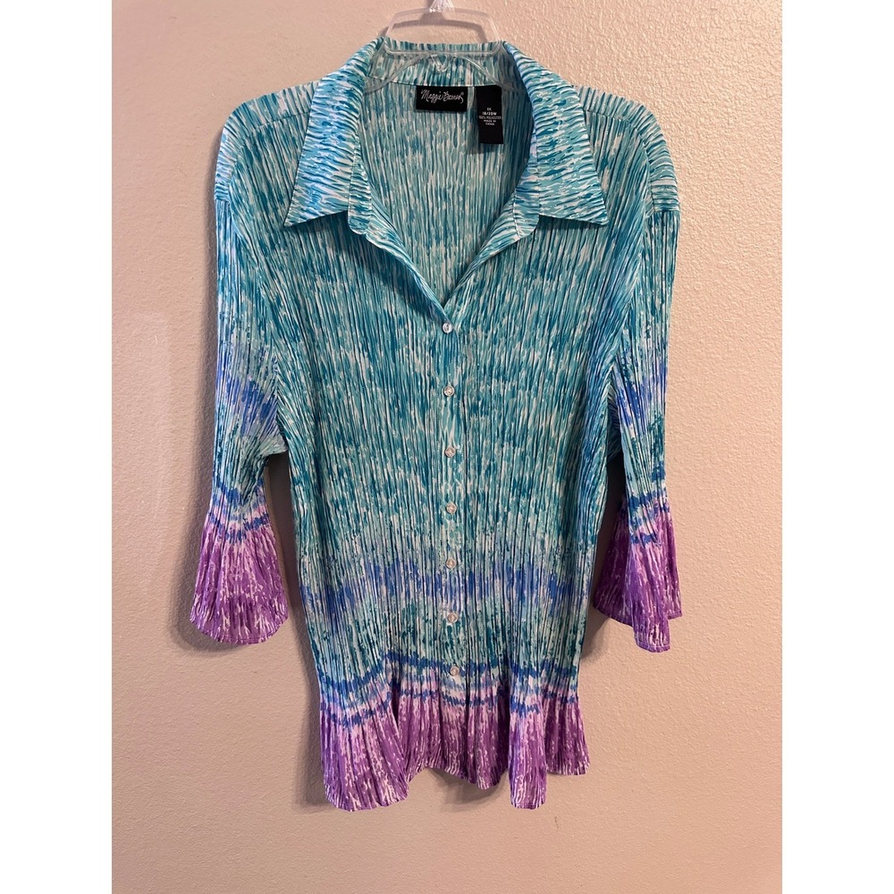 Maggie Barnes Plissé Pleated Tie Dye Blouse Teal Purple Plus 1X 18/20W